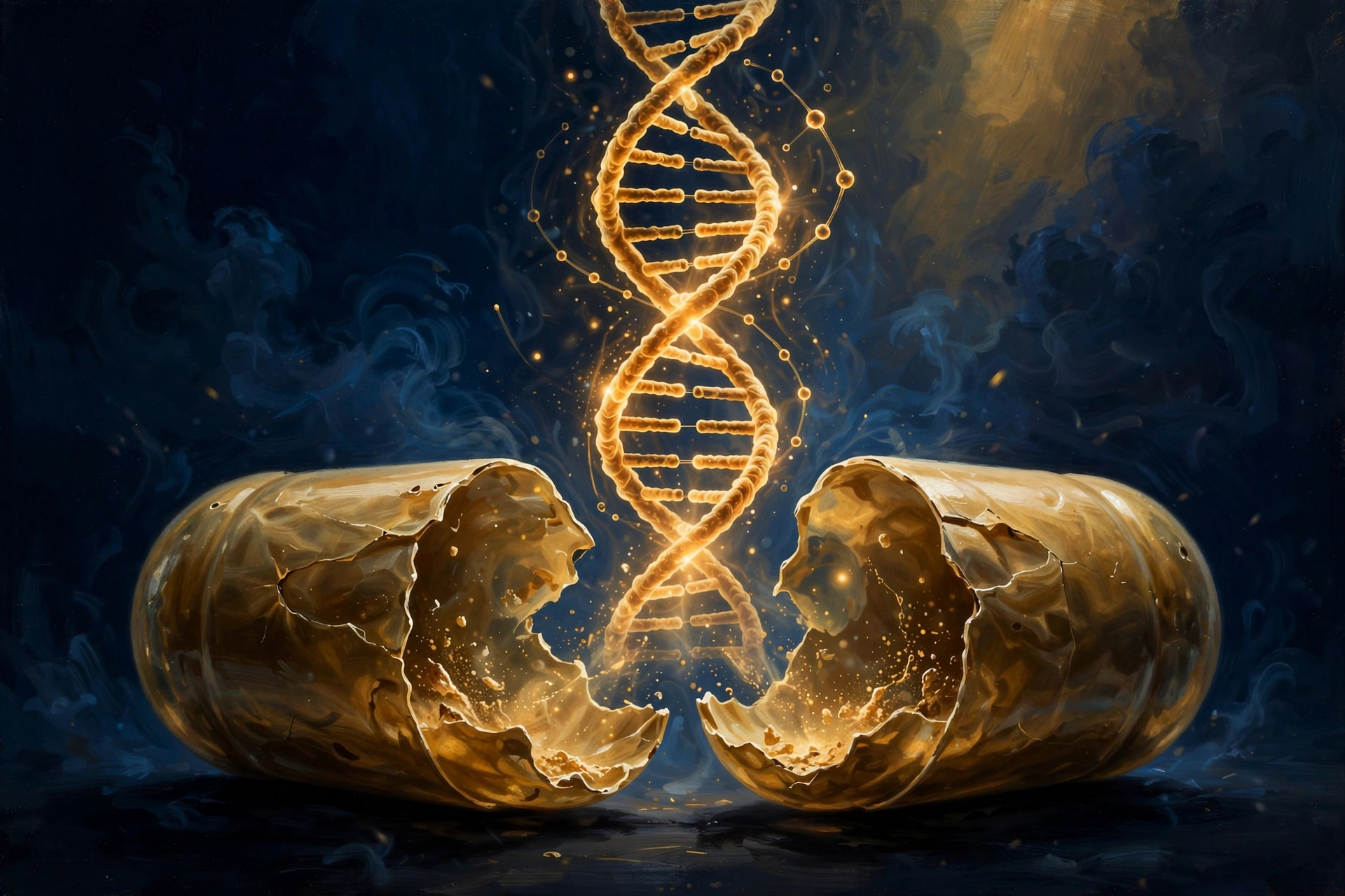 A capsule revealing a glowing DNA helix - genetics decides whether clopidogrel works for you