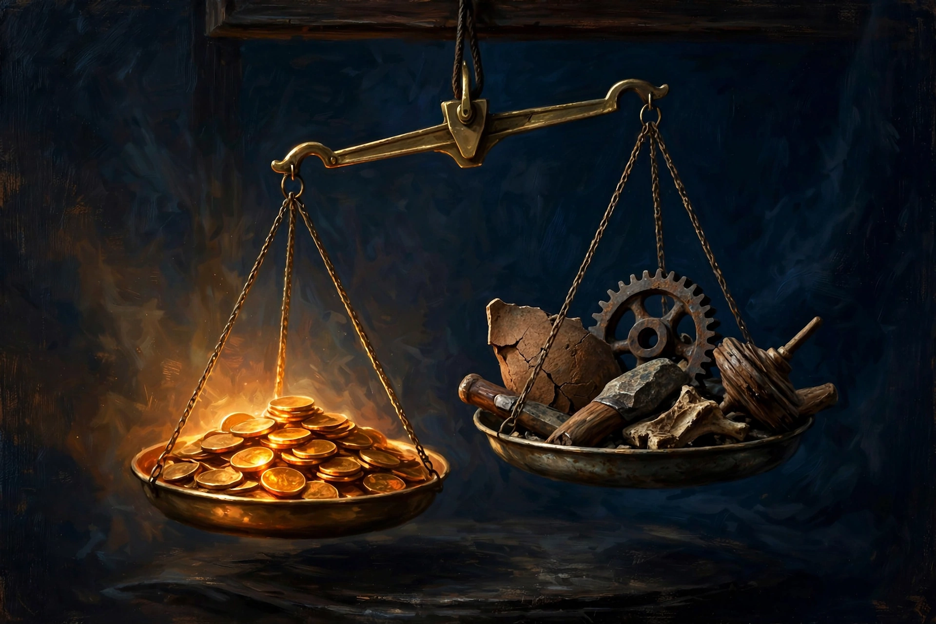 An unfair comparison: a balance scale weighing glowing coins against dull ones across different eras