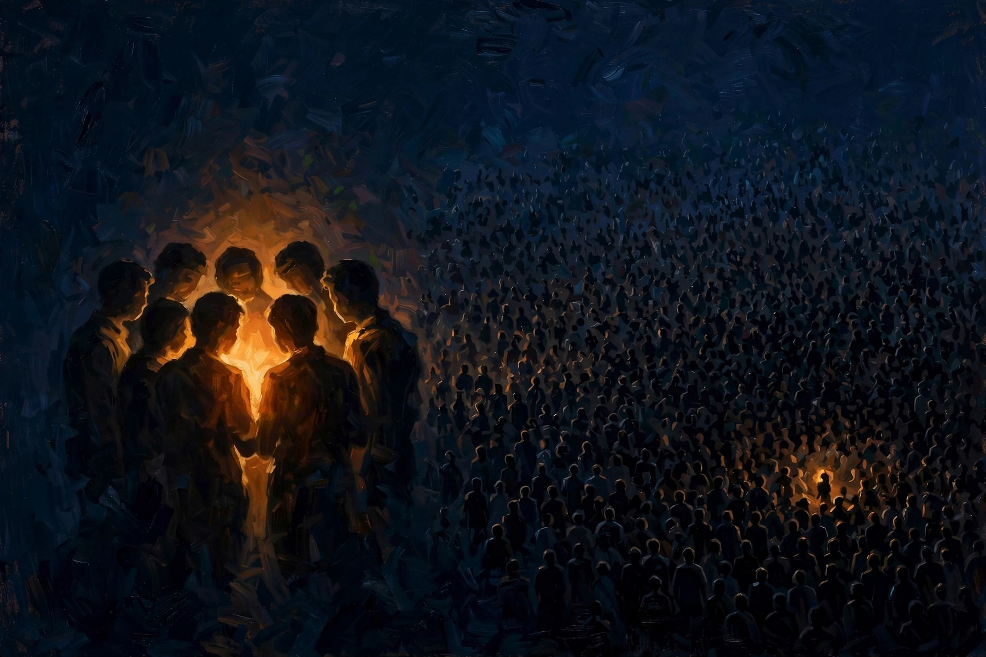 Same treatment, very different benefit: one glowing figure in a small group versus one in a vast crowd